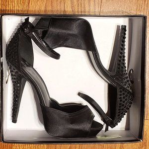 Black Sparkling Studded and Satin Peeptoe Stiletto Platform Heels